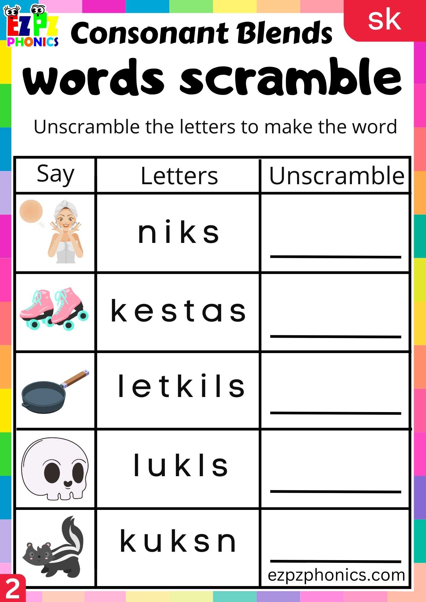 Group2 SK Words Words Scramble Phonics Consonant Blends Worksheet